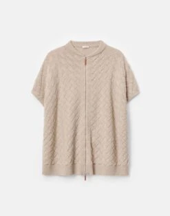 Wool-Cashmere Basket Stitch Zip Front Poncho