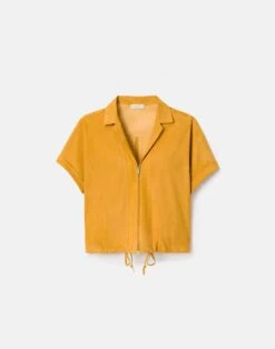 Paperfine Suede Short Sleeve Zip Front Blouse