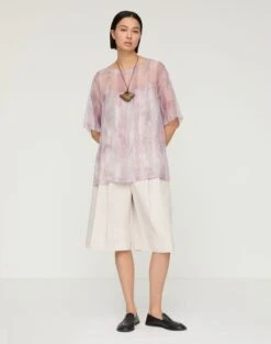 Washed Glaze Print Silk Crépon Short Sleeve Blouse -Urban Chic Wear Store mbfj7r 2c88 lavender tint multi full