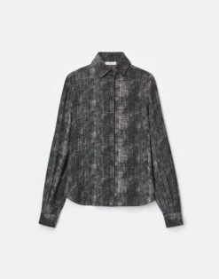 Diffused Houndstooth Print Silk Chiffon Blouse