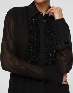 Silk Georgette Hand Beaded Ruffle Tuxedo Blouse -Urban Chic Wear Store mbfl2b 6884 black detail