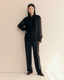 Silk Georgette Hand Beaded Ruffle Tuxedo Blouse -Urban Chic Wear Store mbfl2b 6884 black elevated