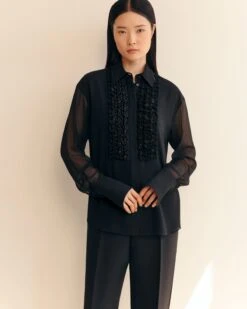 Silk Georgette Hand Beaded Ruffle Tuxedo Blouse -Urban Chic Wear Store mbfl2b 6884 black elevated priority hover