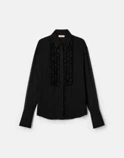 Silk Georgette Hand Beaded Ruffle Tuxedo Blouse