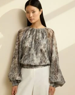 Speckled Glaze Print Georgette Gathered Blouse -Urban Chic Wear Store mbfl8r 2c90 pearl multi elevated hover