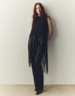 Nappa Leather Macramé Fringe Blouse -Urban Chic Wear Store mbfn1e l485 black elevated hover