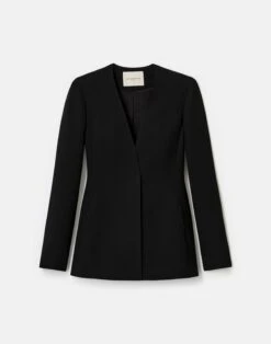 Wool-Silk Crepe Collarless Fitted Blazer