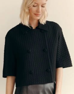 Textured Houndstooth Jacquard Double Breasted Short Sleeve Jacket -Urban Chic Wear Store mjdw7r 2d10 black elevated priority hover