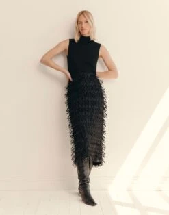 Ribbon Fringe Straight Midi Skirt -Urban Chic Wear Store msr09r 2d25 black elevated